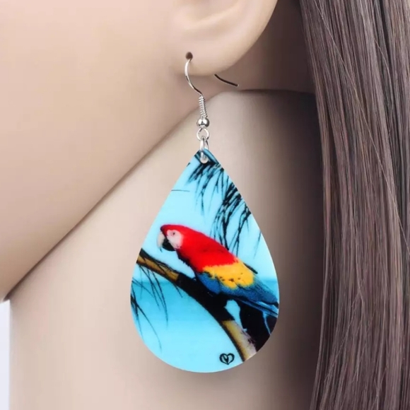 Parrot Earrings. Tropical Bird Earrings Palm Tree - Picture 3 of 7